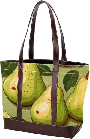 Green Leaves and Yellow Pears-1913 Fashion Washed Durable Leather Purse Bag for Women Top Handle Ladies Shoulder Bags with Pockets Zipper