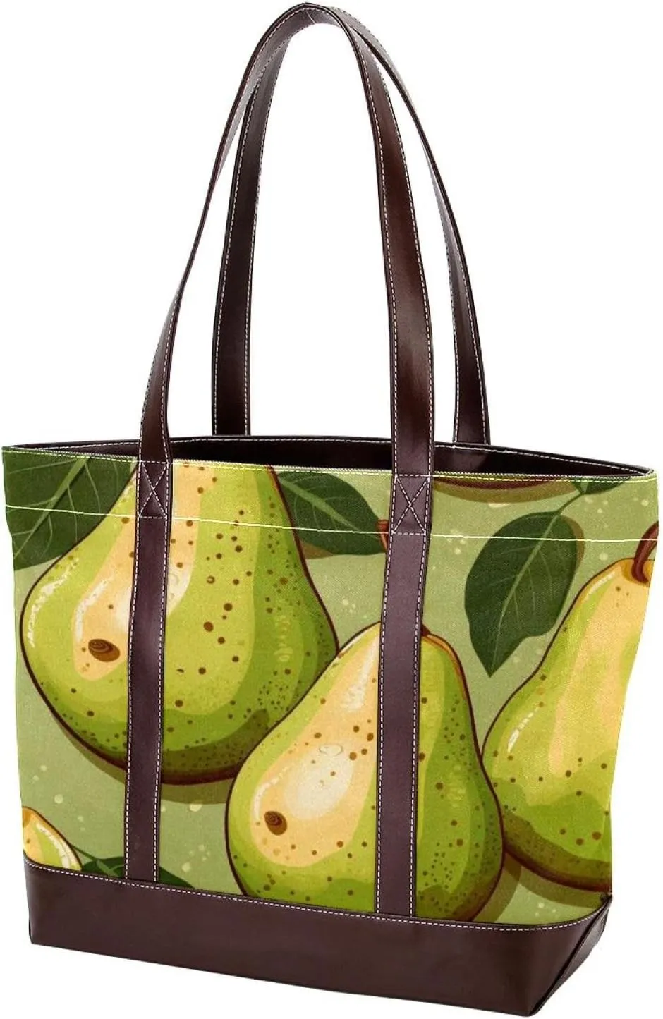 Green Leaves and Yellow Pears-1913 Fashion Washed Durable Leather Purse Bag for Women Top Handle Ladies Shoulder Bags with Pockets Zipper