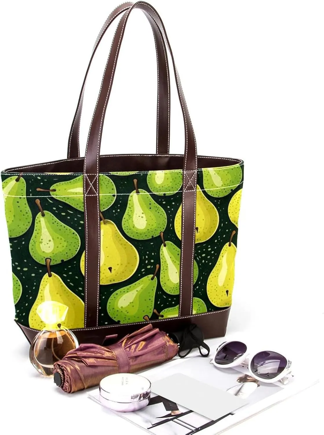 Green Leaves and Yellow Pears-1959 Shoulder Purses for Women Large Soft Washed Leather Purses and Durable Handbags