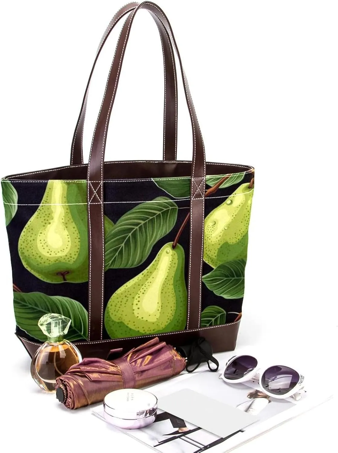 Green Leaves and Yellow Pears-1959 Shoulder Purses for Women Large Soft Washed Leather Purses and Durable Handbags