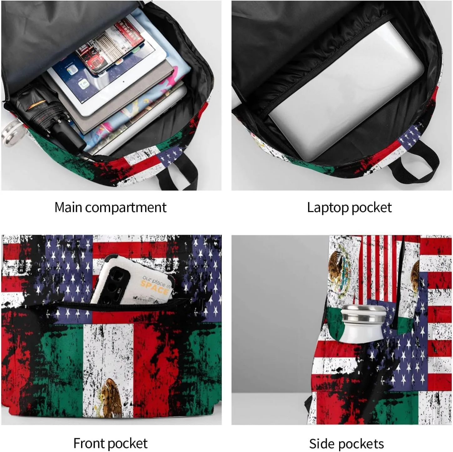 Half American Half Mexican Flag Laptop Commuter Backpack Shoulder Bag Casual Back Pack Daypack Bags With Side Pockets For Work Travel Daily Use
