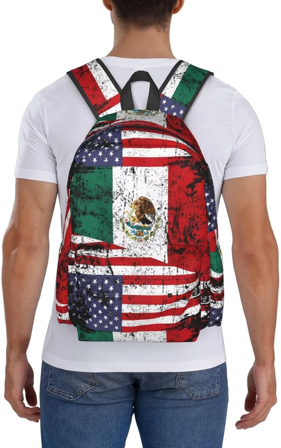 Half American Half Mexican Flag Laptop Commuter Backpack Shoulder Bag Casual Back Pack Daypack Bags With Side Pockets For Work Travel Daily Use