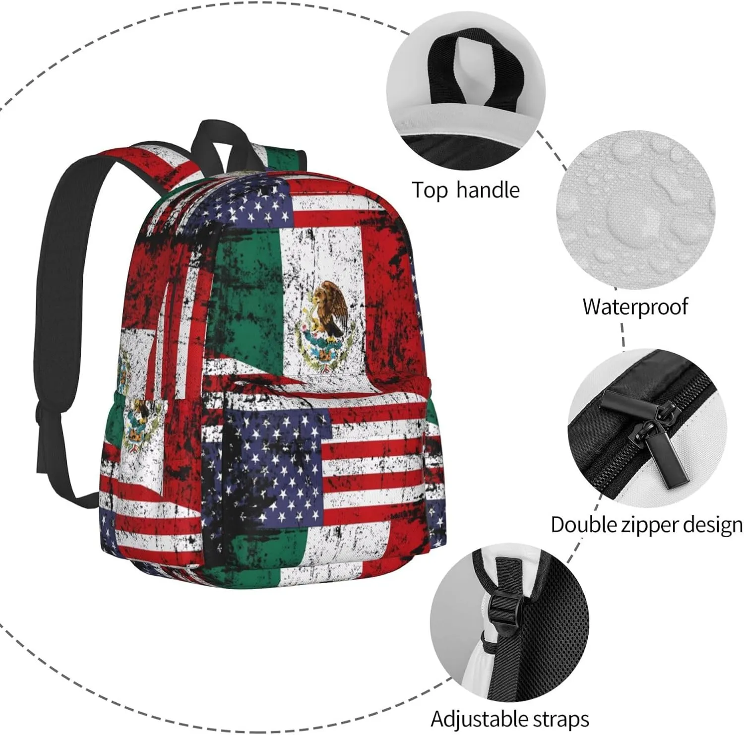 Half American Half Mexican Flag Laptop Commuter Backpack Shoulder Bag Casual Back Pack Daypack Bags With Side Pockets For Work Travel Daily Use