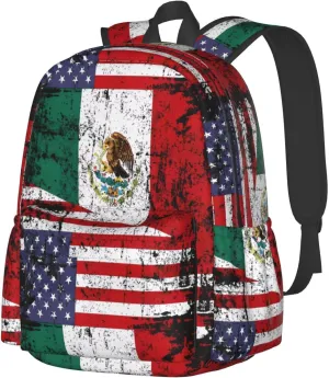 Half American Half Mexican Flag Laptop Commuter Backpack Shoulder Bag Casual Back Pack Daypack Bags With Side Pockets For Work Travel Daily Use