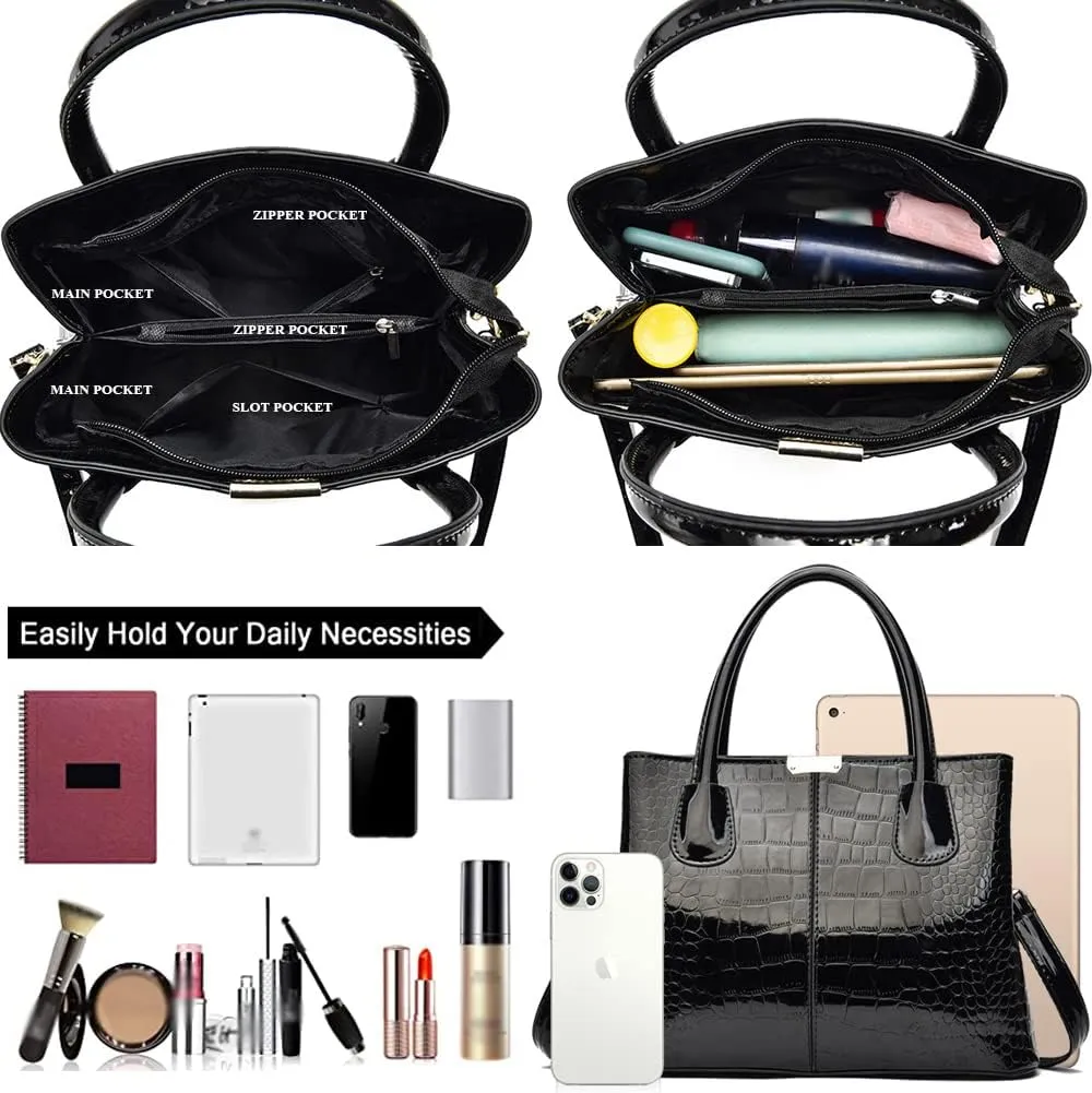 Handbags for Women Top Handle Bags Patent Leather Satchel Crocodile Pattern Tote Bags Ladies Shoulder Crossbody Bag