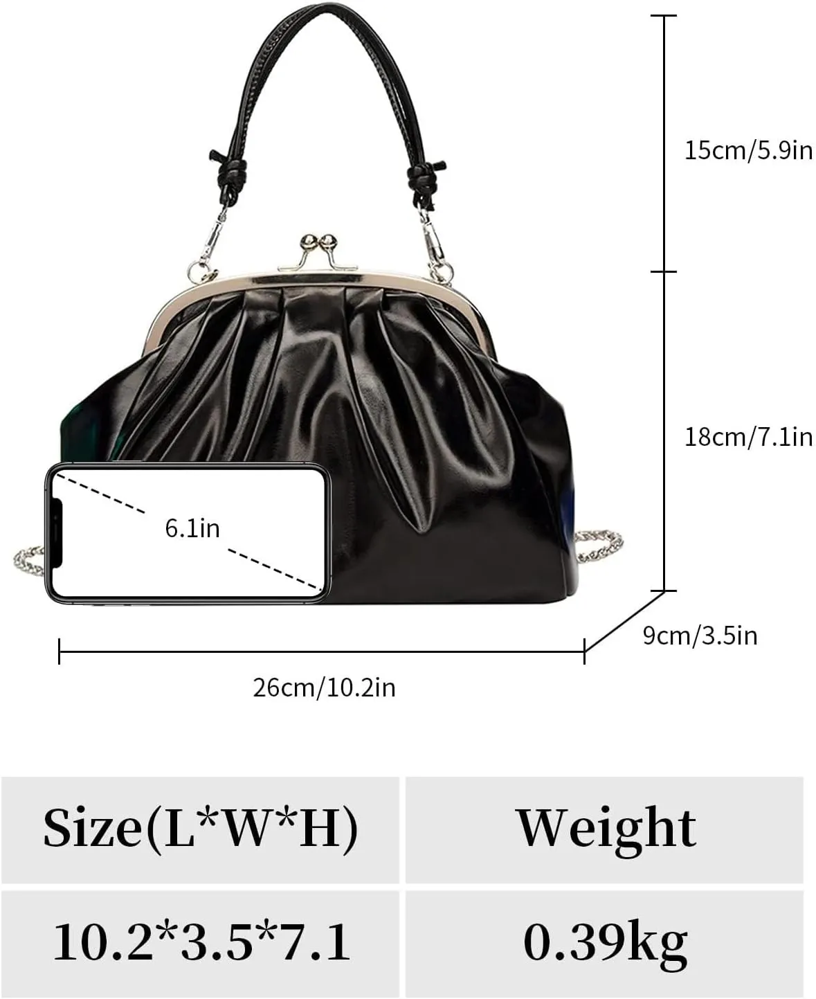 Handbags Shiny Patent Leather Evening Bag Pleated Clutch Purses Top Handle Satchel with Detachable Chain Well made