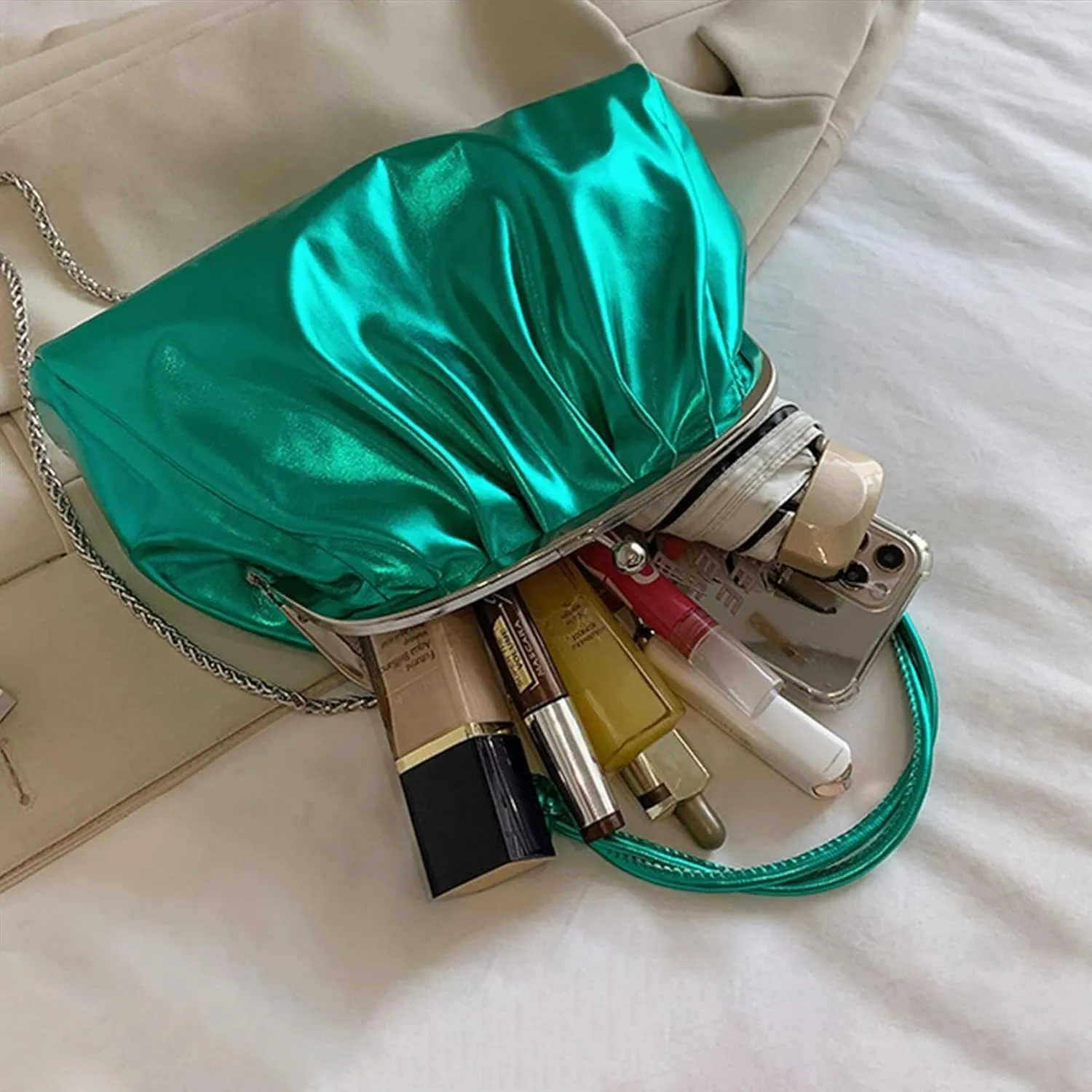 Handbags Shiny Patent Leather Evening Bag Pleated Clutch Purses Top Handle Satchel with Detachable Chain Well made
