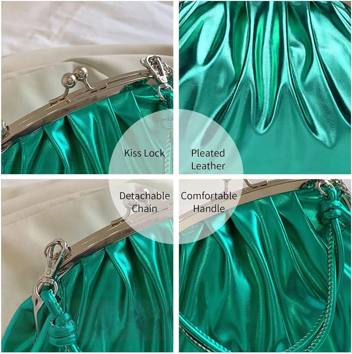 Handbags Shiny Patent Leather Evening Bag Pleated Clutch Purses Top Handle Satchel with Detachable Chain Well made