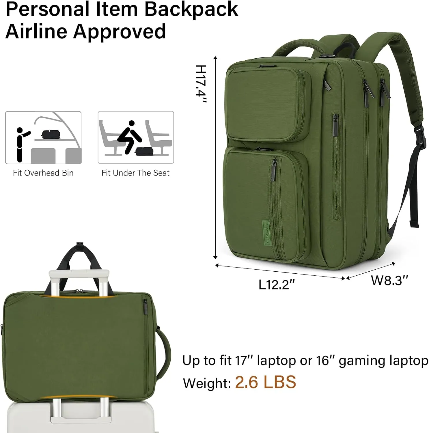 Hanke Multifunctional Carry On Luggage Bag, Personal Item Travel Bag 18x14x8 Airline Approved, Lightweight Under Seat Bags for Airplanes, Overnight Weekender Bags for Women, Pine Green
