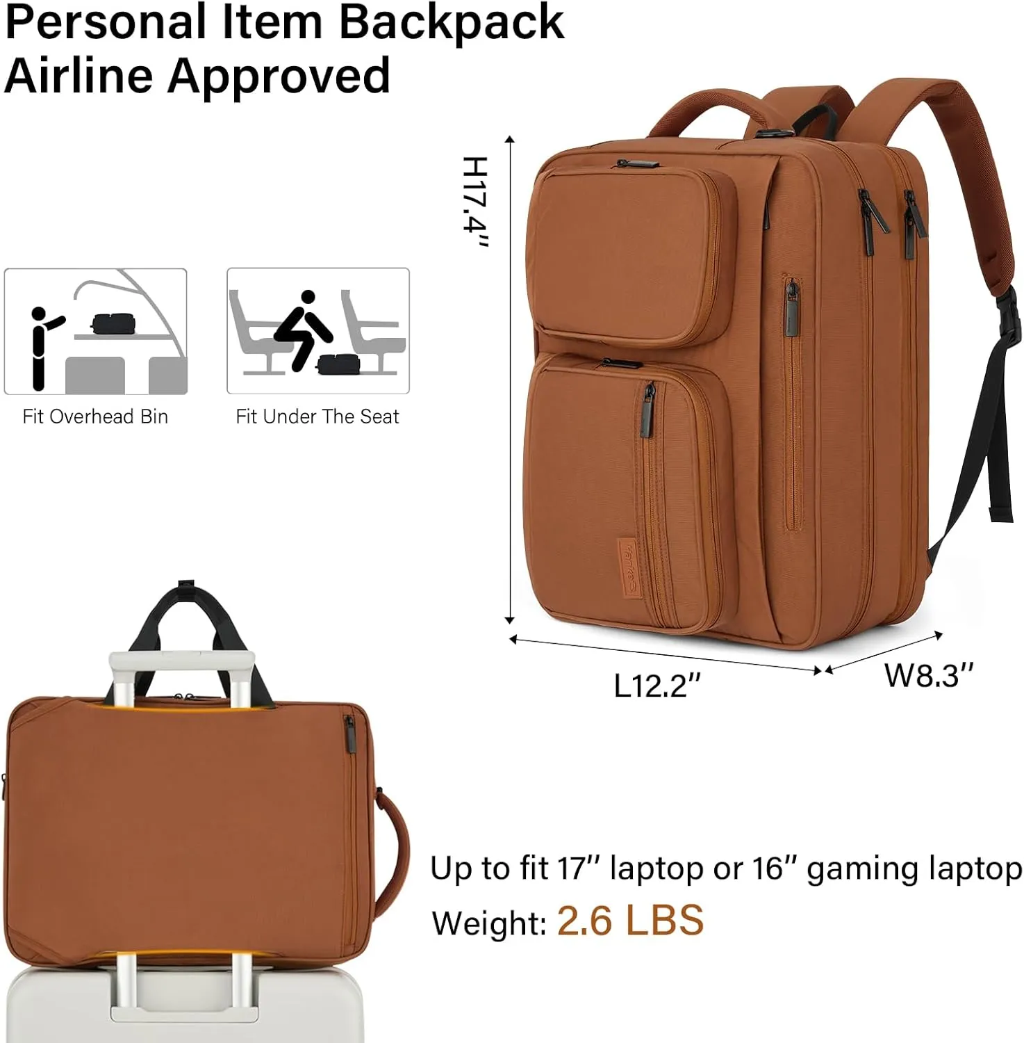 Hanke Multifunctional Carry On Luggage Bag, Personal Item Travel Bag 18x14x8 Airline Approved, Lightweight Under Seat Bags for Airplanes, Overnight Weekender Bags for Women, Reddish Brown