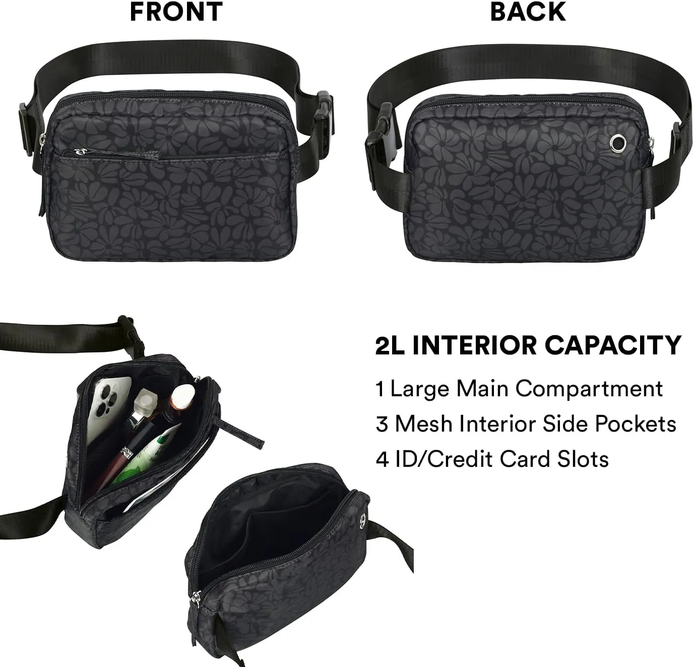 HDE Belt Bag 2L Fanny Pack Cross Body with Adjustable Strap Travel Waist Pack - Black Floral Pop