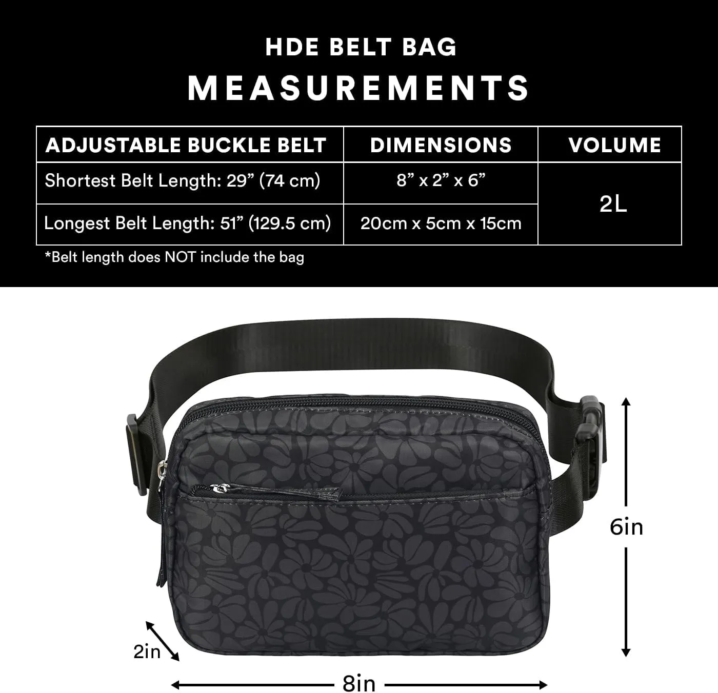 HDE Belt Bag 2L Fanny Pack Cross Body with Adjustable Strap Travel Waist Pack - Black Floral Pop