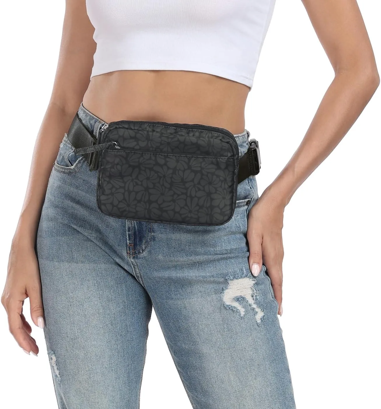 HDE Belt Bag 2L Fanny Pack Cross Body with Adjustable Strap Travel Waist Pack - Black Floral Pop