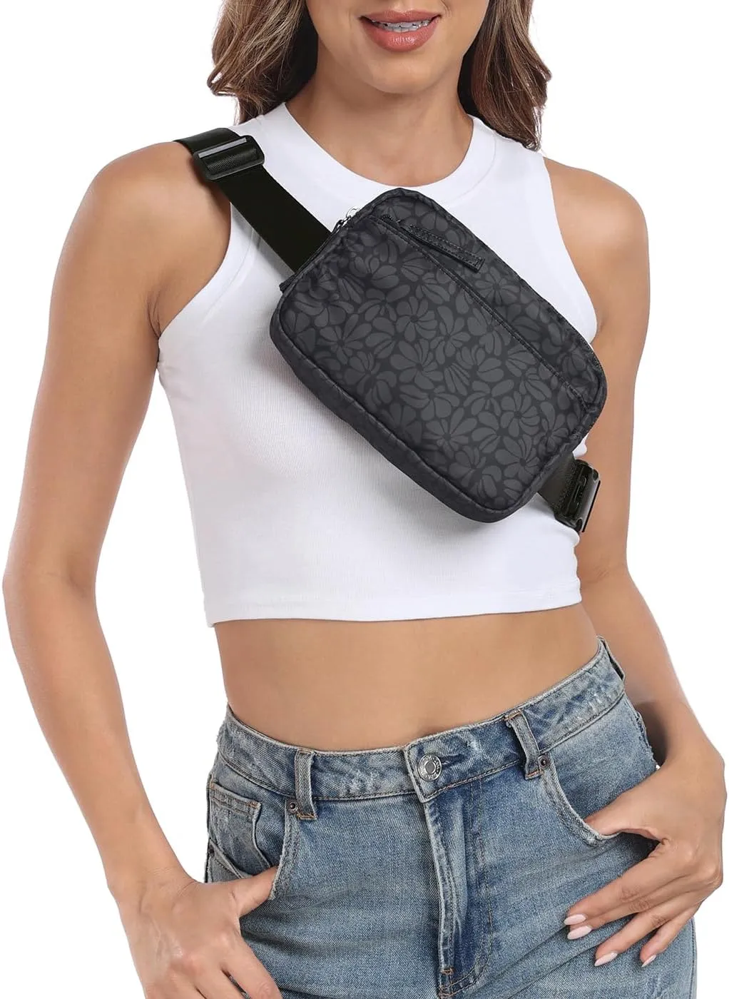 HDE Belt Bag 2L Fanny Pack Cross Body with Adjustable Strap Travel Waist Pack - Black Floral Pop