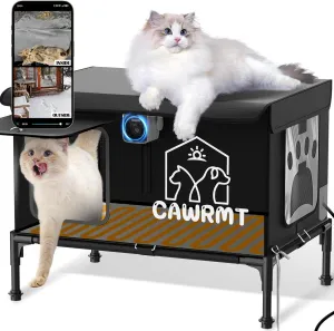 Heated Cat House with Camera, Outdoor Cats in Winter, Waterproof Fully Insulated, Outside Feral Cat Shelter Weatherproof for Stray Barn Cat (Black, Small)