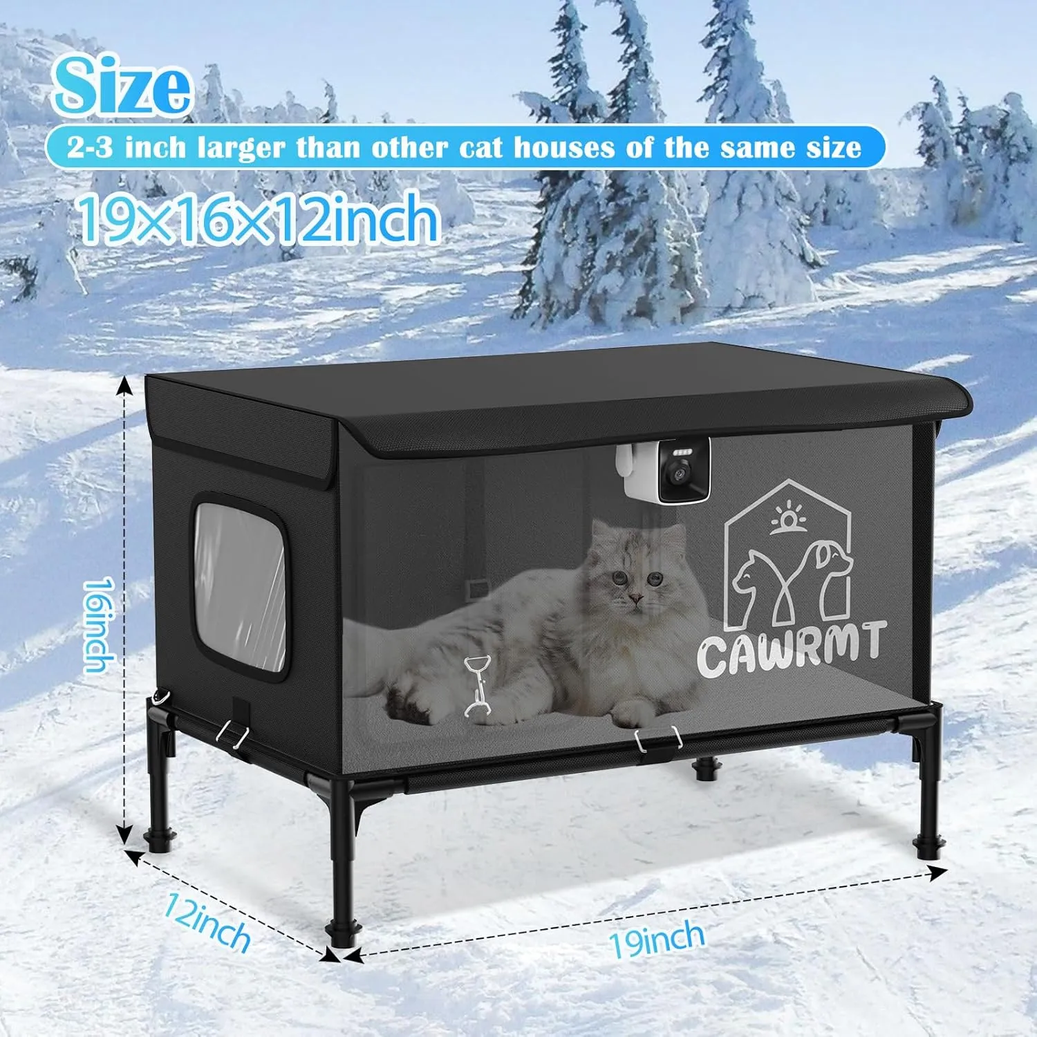 Heated Cat House with Camera, Outdoor Cats in Winter, Waterproof Fully Insulated, Outside Feral Cat Shelter Weatherproof for Stray Barn Cat (Black, Small)