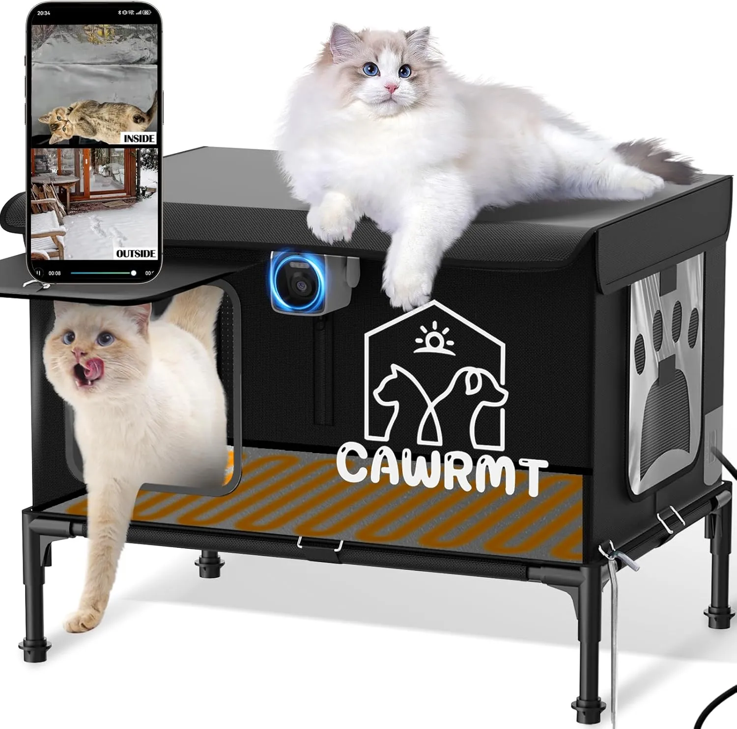 Heated Cat House with Camera, Outdoor Cats in Winter, Waterproof Fully Insulated, Outside Feral Cat Shelter Weatherproof for Stray Barn Cat (Black, Small)