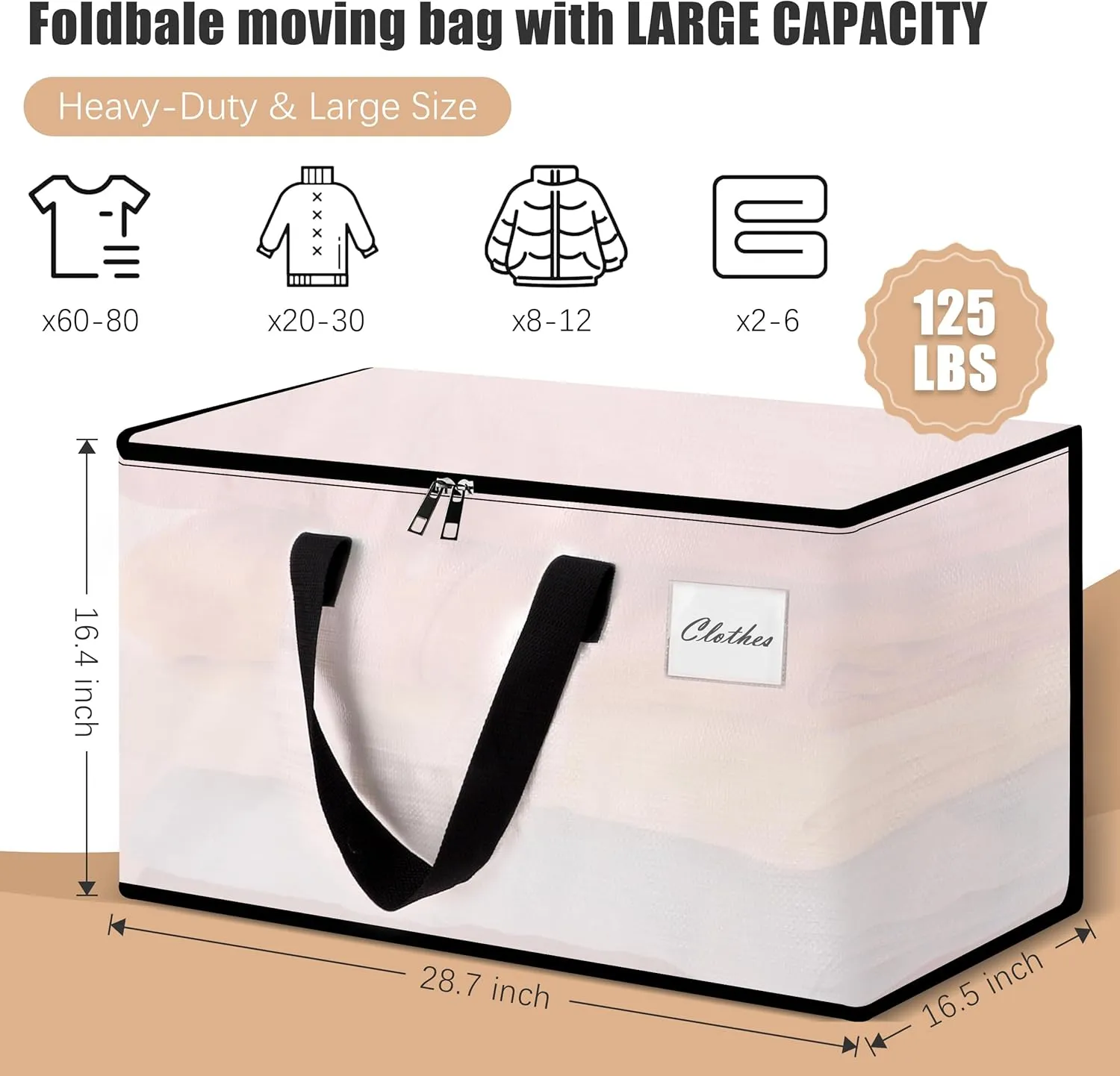 Heavy Duty Moving Bags - Extra Large Packing Bags and Storage Totes, Collapsible and Foldable Option for Moving and Storage, Clear, 125 L - 6 Pack