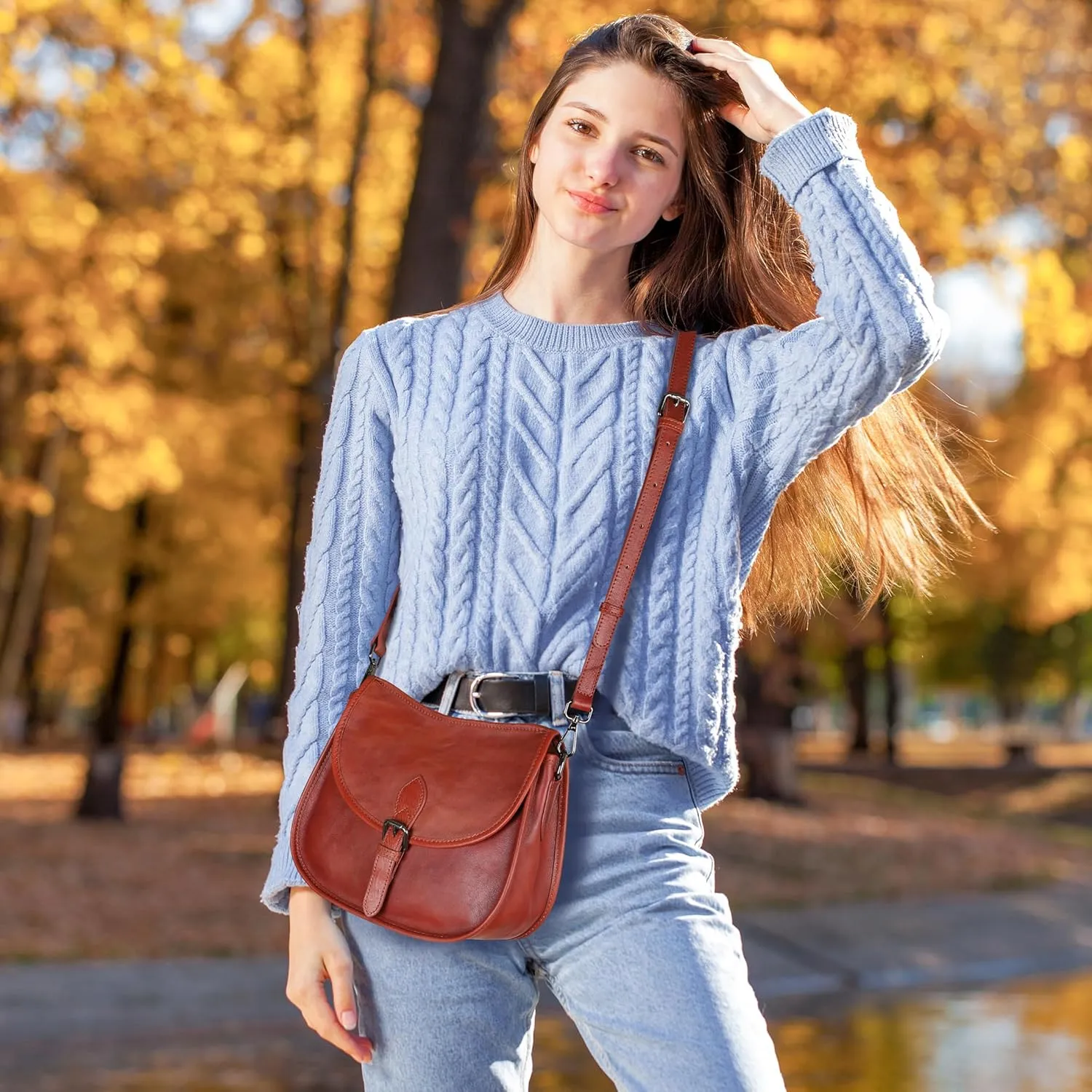HESHE Leather Crossbody Bags for Women Designer Shoulder Purse Satchel Handbag Vintage Saddle Bag