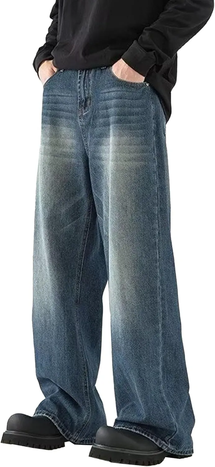 Hippie Pants Men's Baggy Jeans Summer Wide Leg Skater Denim Pants Casual Loose Fit Trend Long Trousers Streetwear
