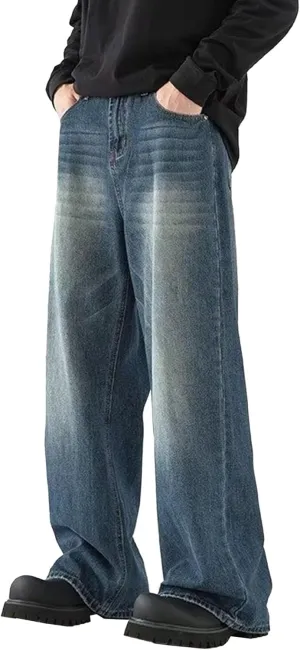 Hippie Pants Men's Baggy Jeans Summer Wide Leg Skater Denim Pants Casual Loose Fit Trend Long Trousers Streetwear