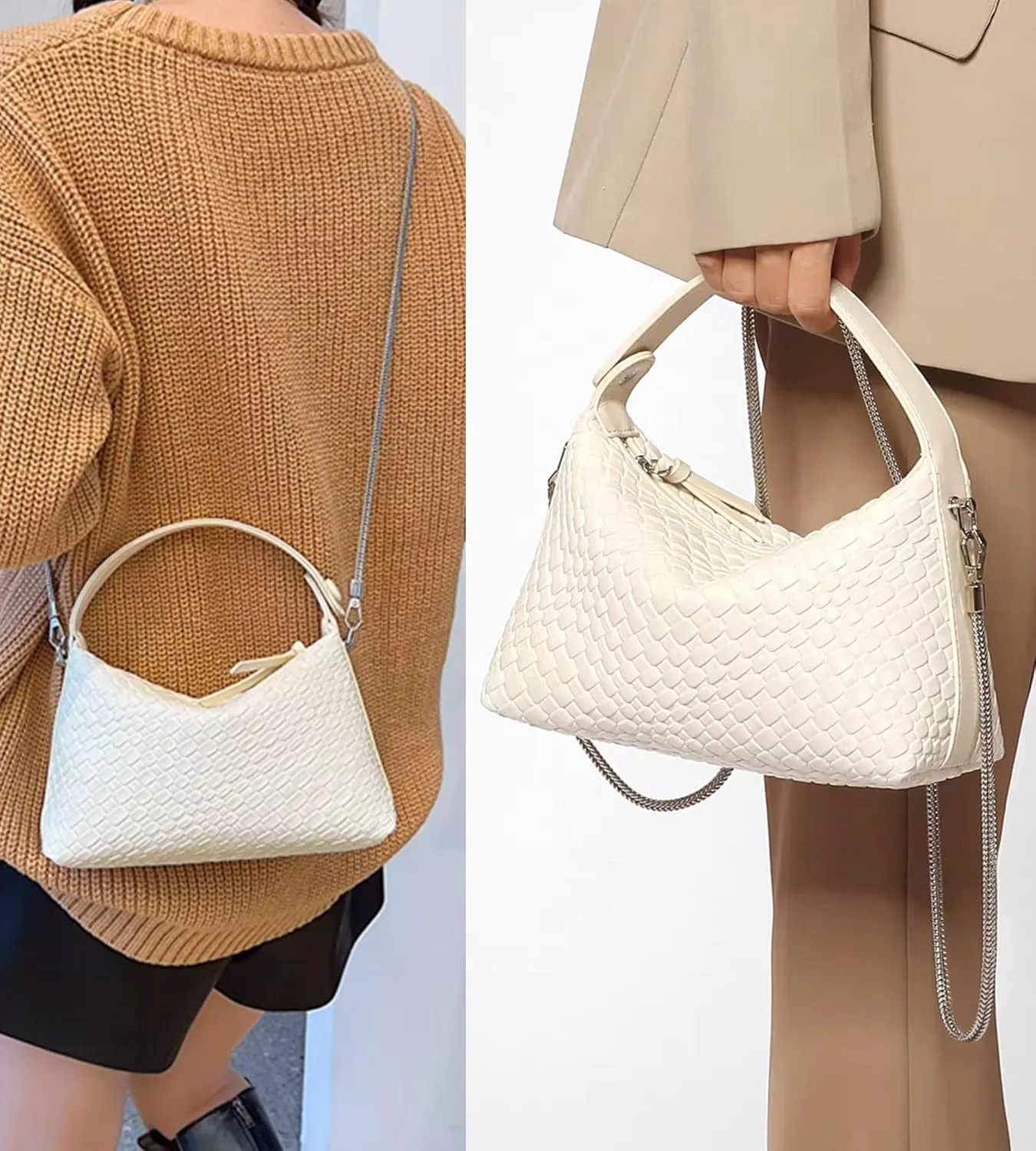 Hobo Bag for Women Vegan Leather Small Tote Crossbody Shoulder Purse Top Handle Handbag Satchel with Metal Chain
