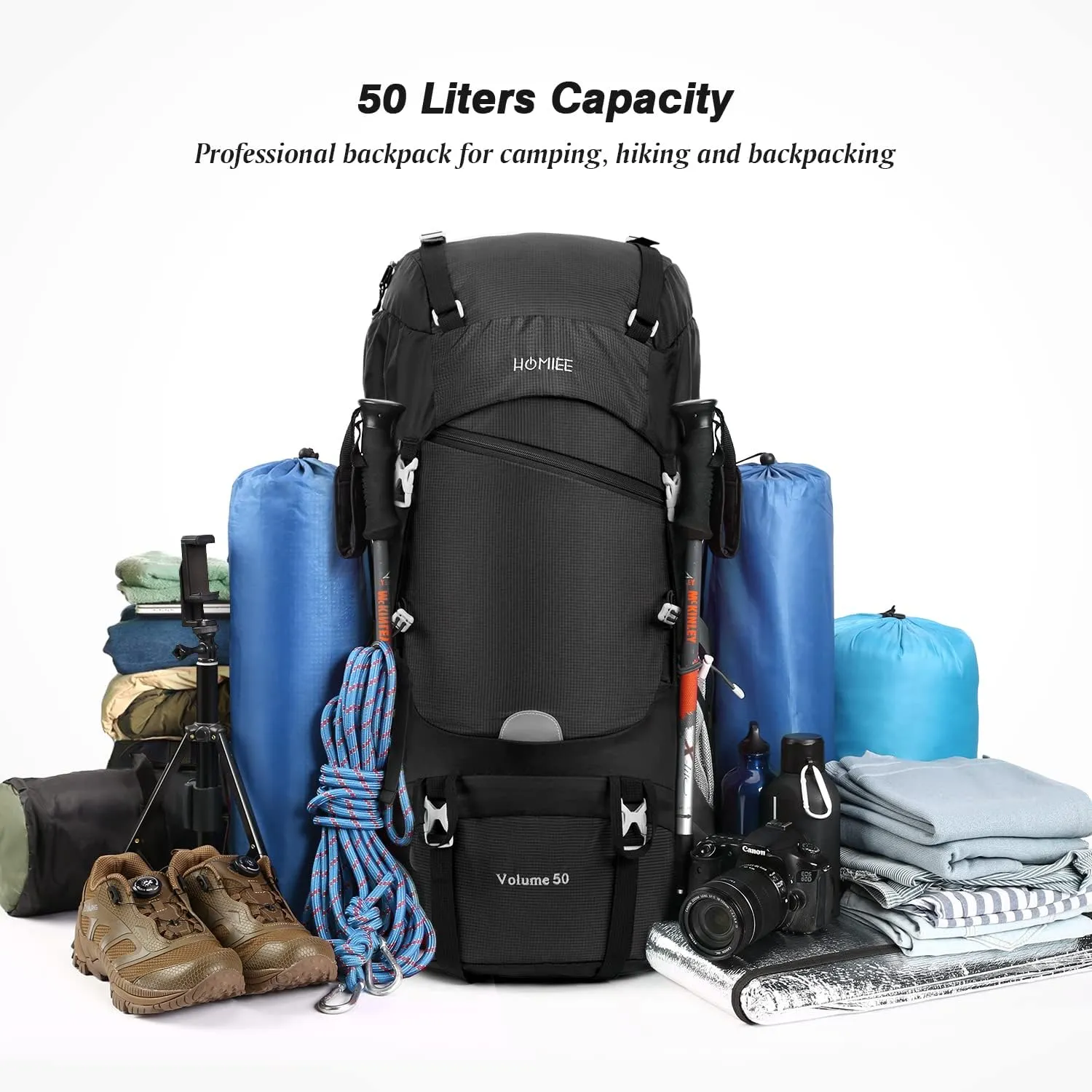 HOMIEE 50L Hiking Backpack Travel Bag Waterproof Camping Rucksack with Rain Cover Lightweight Backpacking Backpack