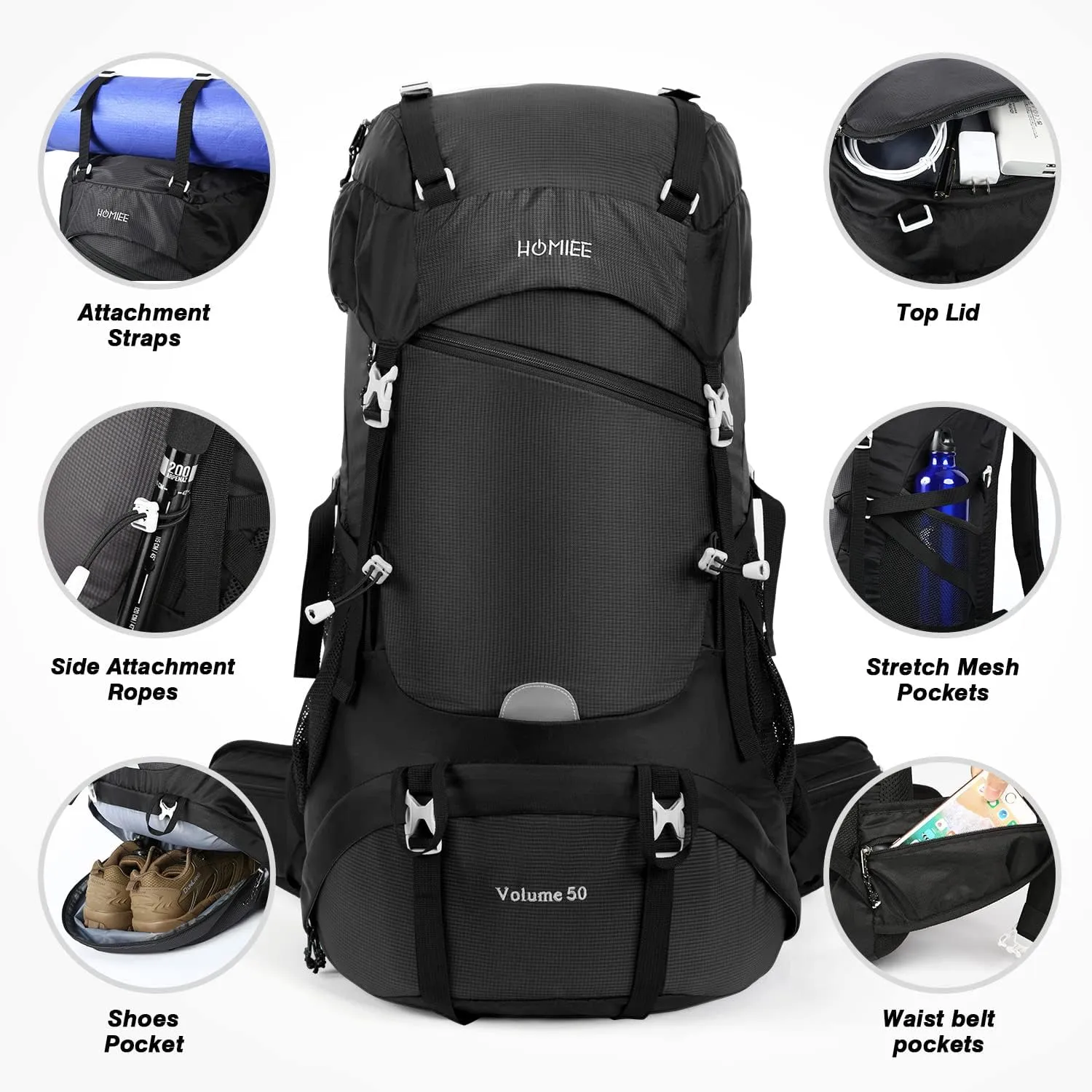 HOMIEE 50L Hiking Backpack Travel Bag Waterproof Camping Rucksack with Rain Cover Lightweight Backpacking Backpack