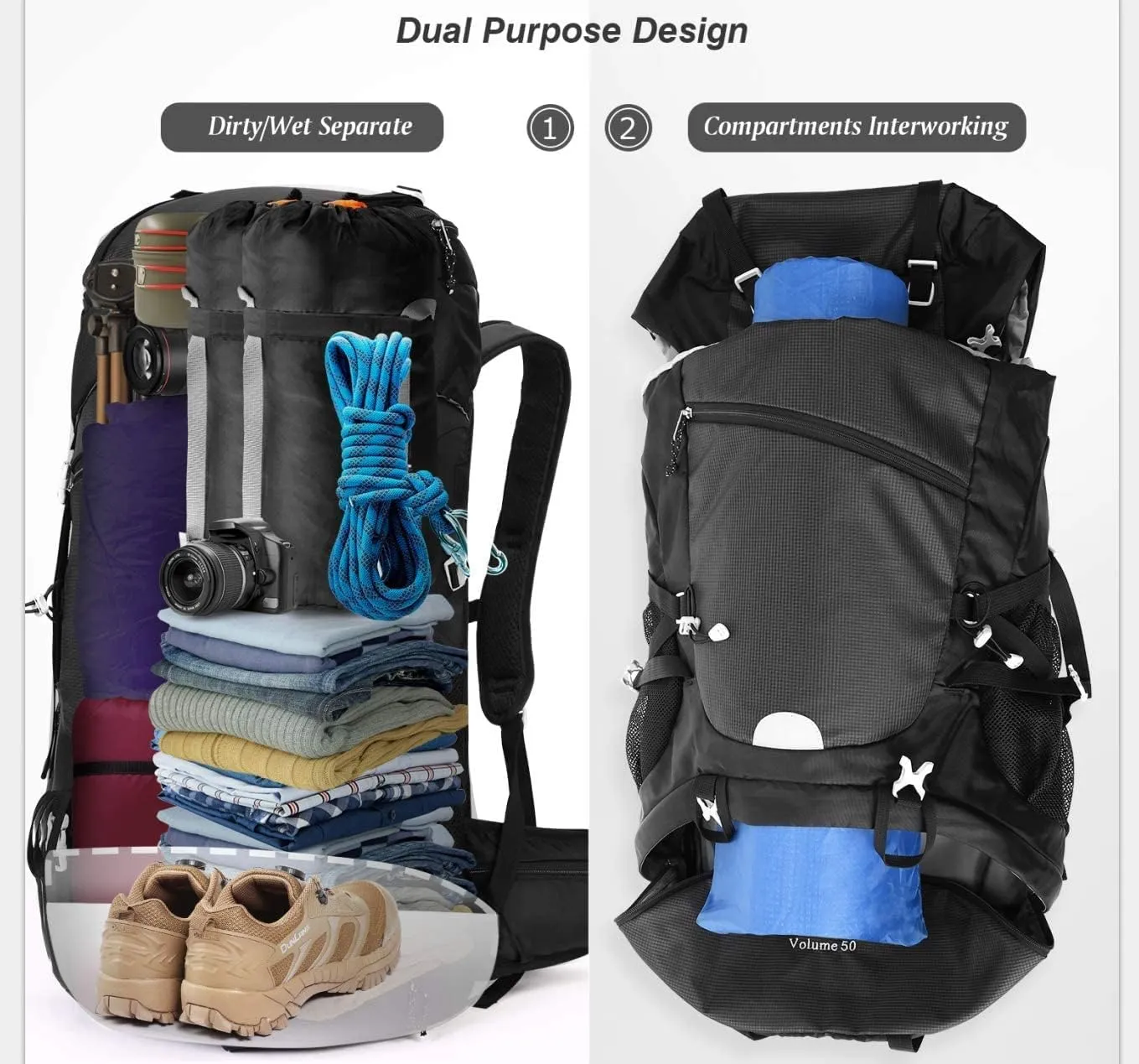 HOMIEE 50L Hiking Backpack Travel Bag Waterproof Camping Rucksack with Rain Cover Lightweight Backpacking Backpack