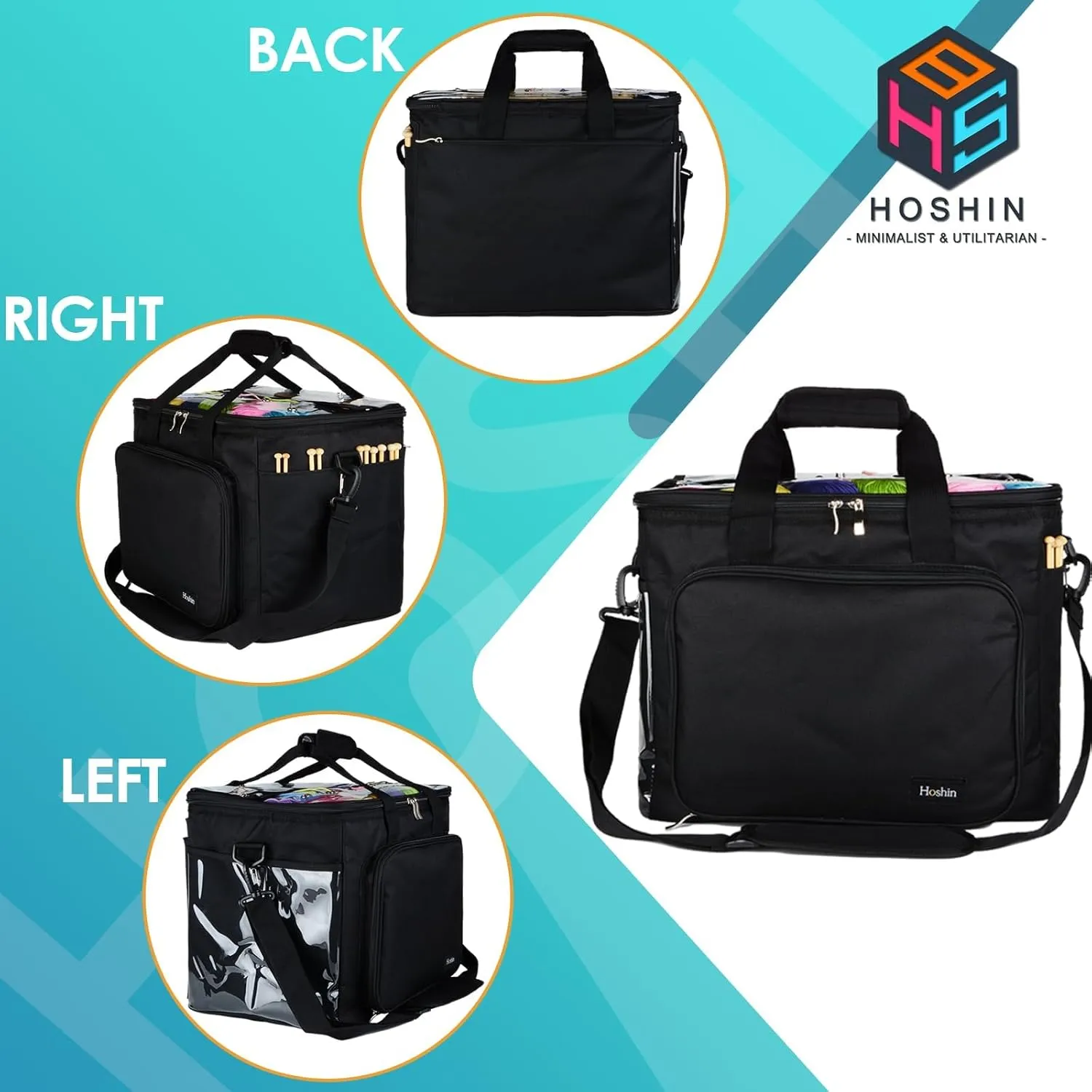 Hoshin Knitting Bag for Yarn Storage, High Capacity Yarn Totes Organizer with Inner Divider Portable for Carrying Project, Knitting Needles(up to 14”), Crochet Hooks, Skeins of Yarn (Black)