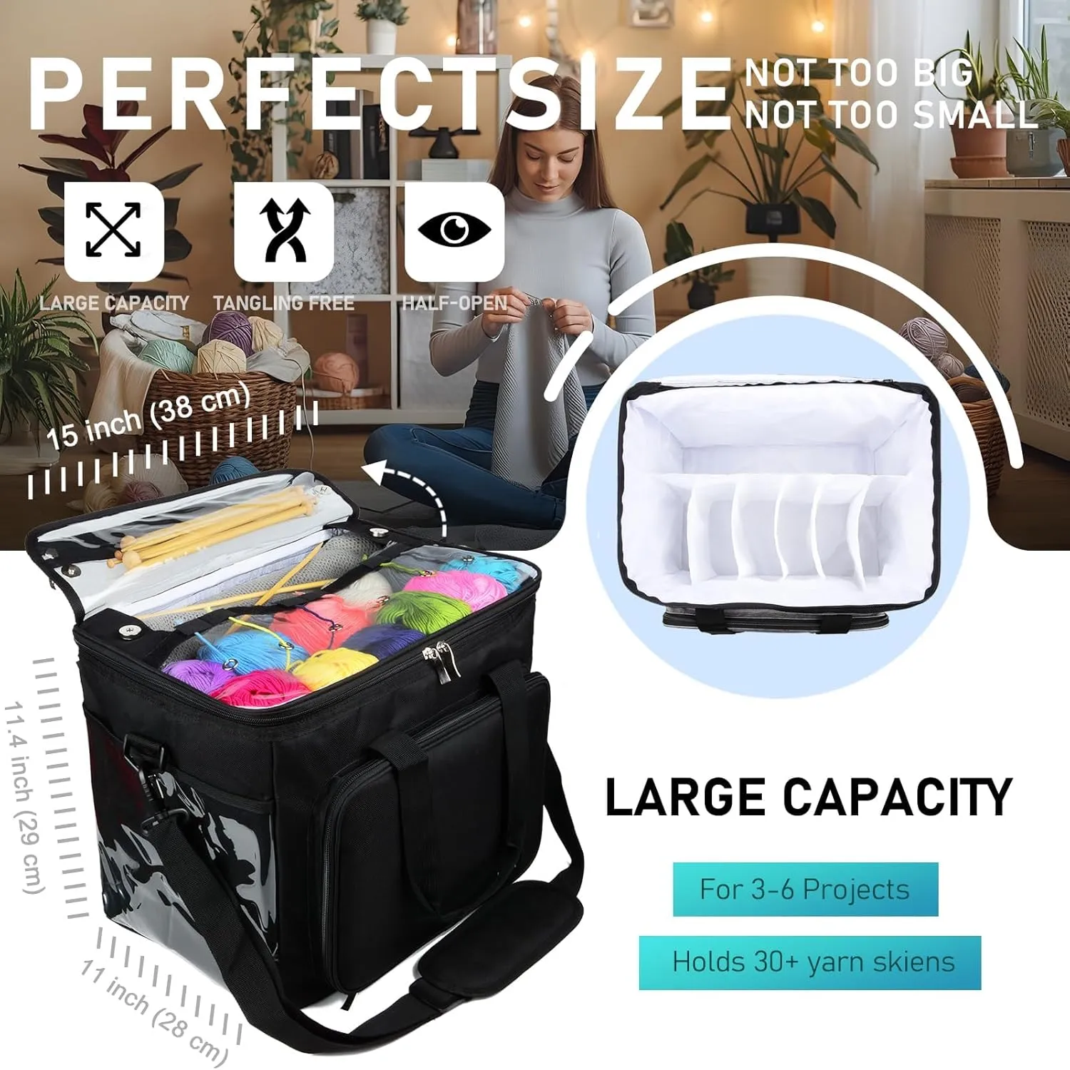 Hoshin Knitting Bag for Yarn Storage, High Capacity Yarn Totes Organizer with Inner Divider Portable for Carrying Project, Knitting Needles(up to 14”), Crochet Hooks, Skeins of Yarn (Black)