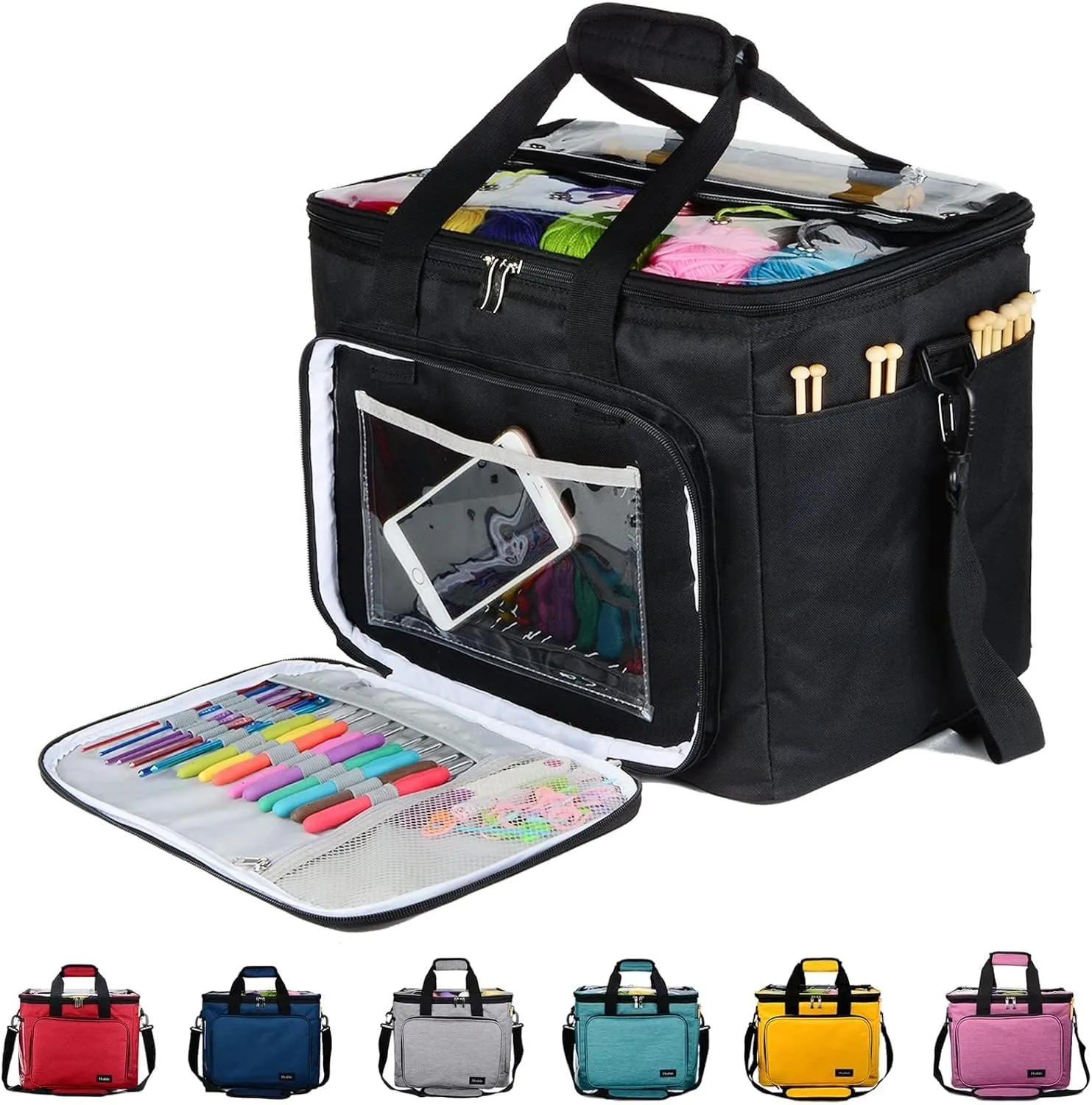 Hoshin Knitting Bag for Yarn Storage, High Capacity Yarn Totes Organizer with Inner Divider Portable for Carrying Project, Knitting Needles(up to 14”), Crochet Hooks, Skeins of Yarn (Black)