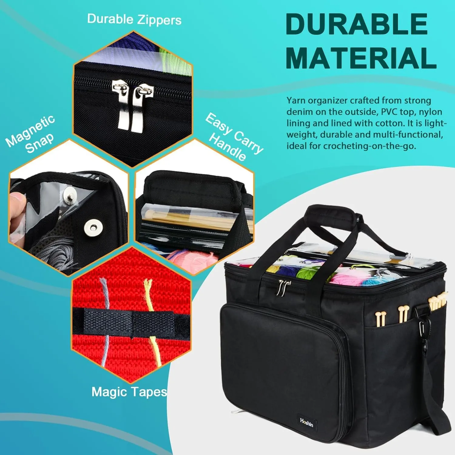 Hoshin Knitting Bag for Yarn Storage, High Capacity Yarn Totes Organizer with Inner Divider Portable for Carrying Project, Knitting Needles(up to 14”), Crochet Hooks, Skeins of Yarn (Black)