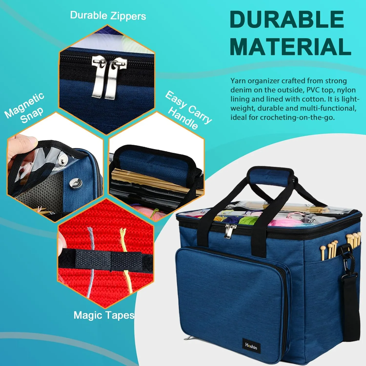 Hoshin Knitting Bag for Yarn Storage, High Capacity Yarn Totes Organizer with Inner Divider Portable for Carrying Project, Knitting Needles(up to 14”), Crochet Hooks, Skeins of Yarn (Navy)