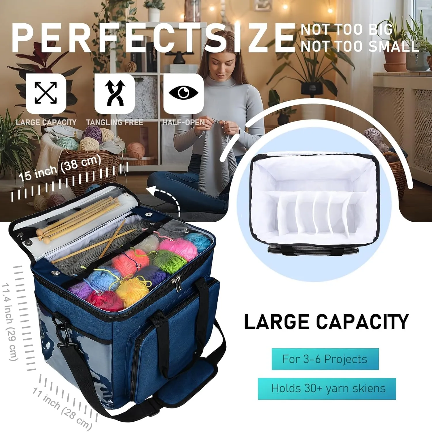 Hoshin Knitting Bag for Yarn Storage, High Capacity Yarn Totes Organizer with Inner Divider Portable for Carrying Project, Knitting Needles(up to 14”), Crochet Hooks, Skeins of Yarn (Navy)