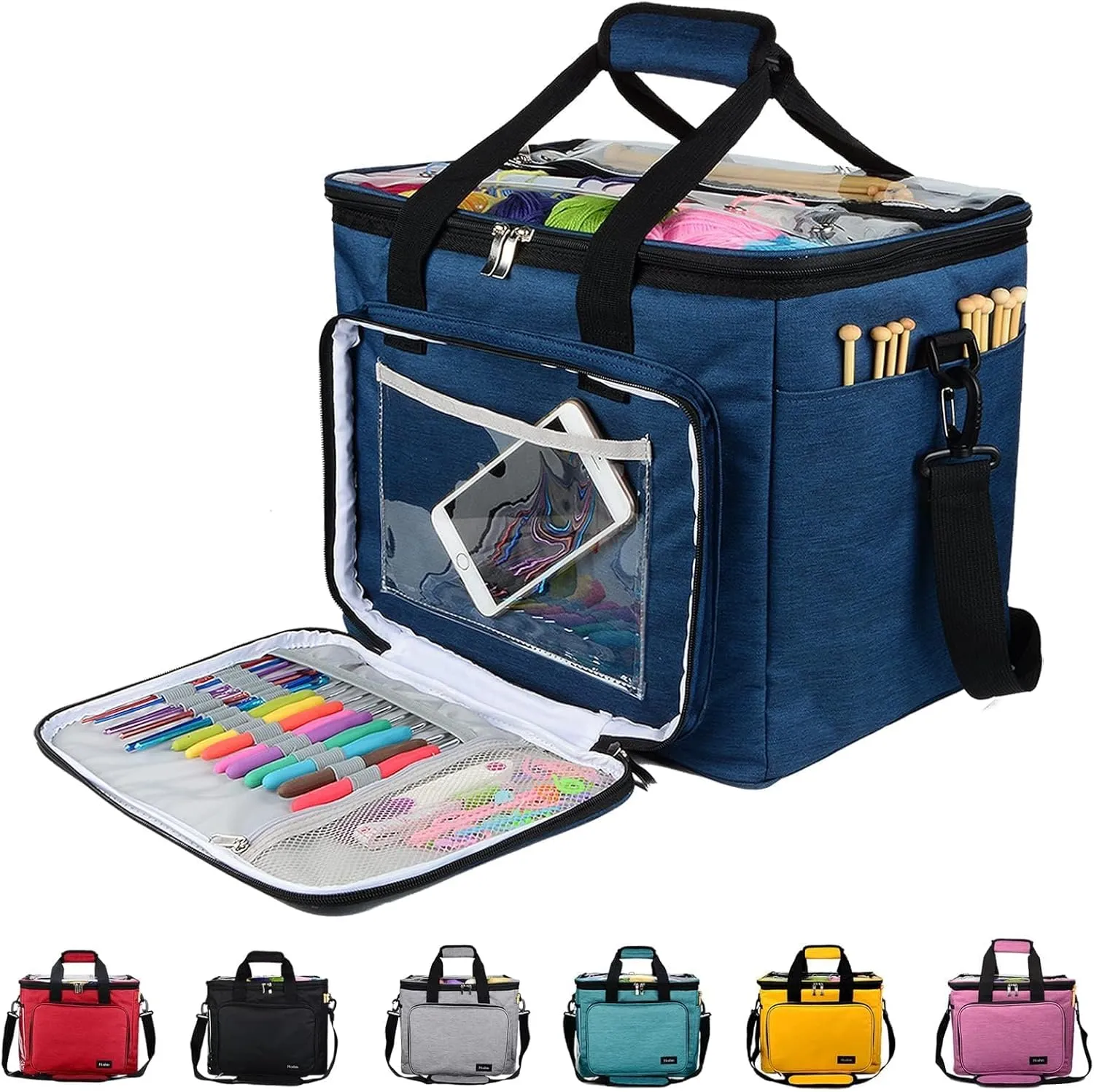 Hoshin Knitting Bag for Yarn Storage, High Capacity Yarn Totes Organizer with Inner Divider Portable for Carrying Project, Knitting Needles(up to 14”), Crochet Hooks, Skeins of Yarn (Navy)