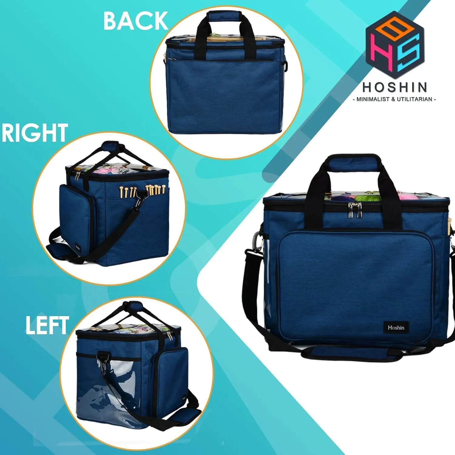 Hoshin Knitting Bag for Yarn Storage, High Capacity Yarn Totes Organizer with Inner Divider Portable for Carrying Project, Knitting Needles(up to 14”), Crochet Hooks, Skeins of Yarn (Navy)