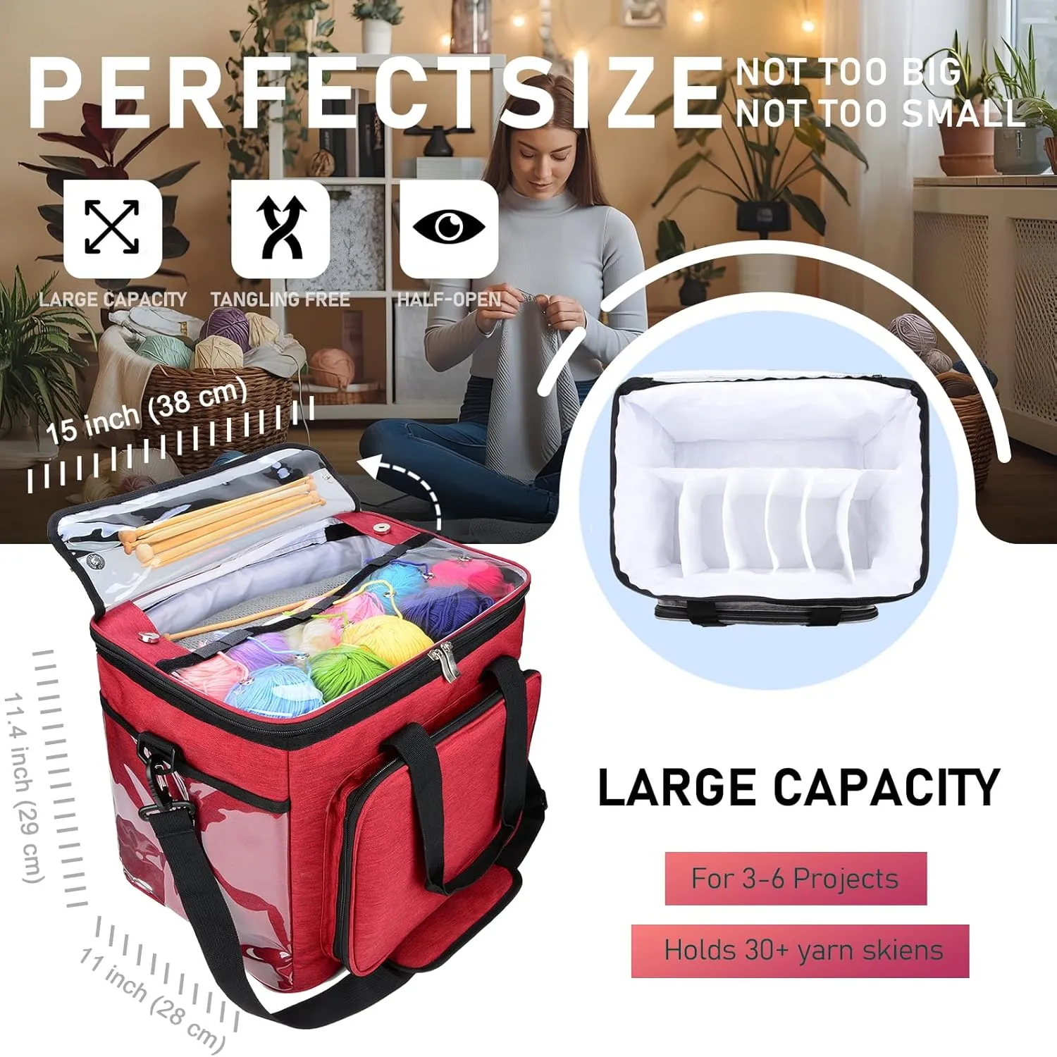 Hoshin Knitting Bag for Yarn Storage, High Capacity Yarn Totes Organizer with Inner Divider Portable for Carrying Project, Knitting Needles(up to 14”), Crochet Hooks, Skeins of Yarn (Red)