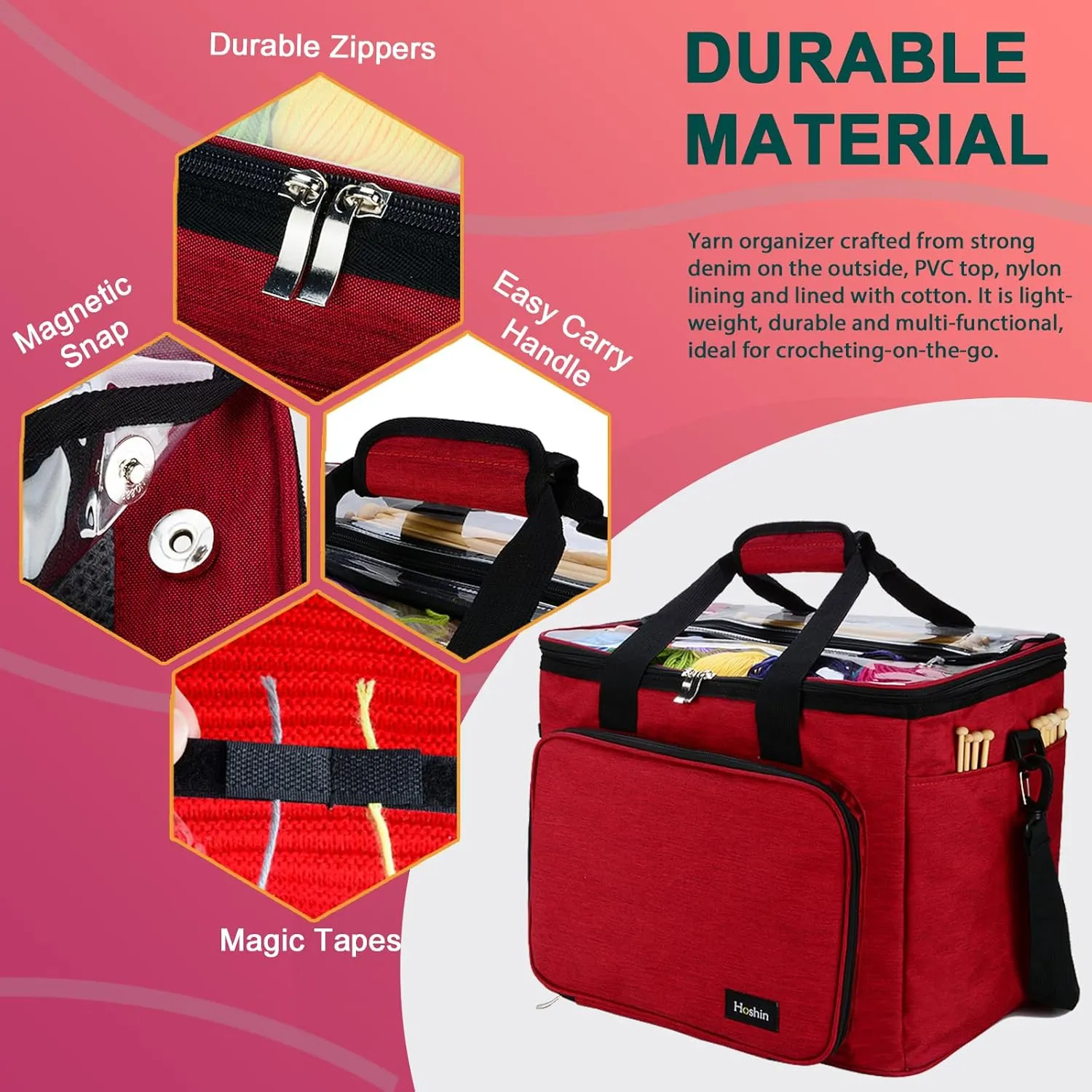 Hoshin Knitting Bag for Yarn Storage, High Capacity Yarn Totes Organizer with Inner Divider Portable for Carrying Project, Knitting Needles(up to 14”), Crochet Hooks, Skeins of Yarn (Red)