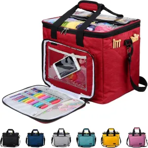 Hoshin Knitting Bag for Yarn Storage, High Capacity Yarn Totes Organizer with Inner Divider Portable for Carrying Project, Knitting Needles(up to 14”), Crochet Hooks, Skeins of Yarn (Red)