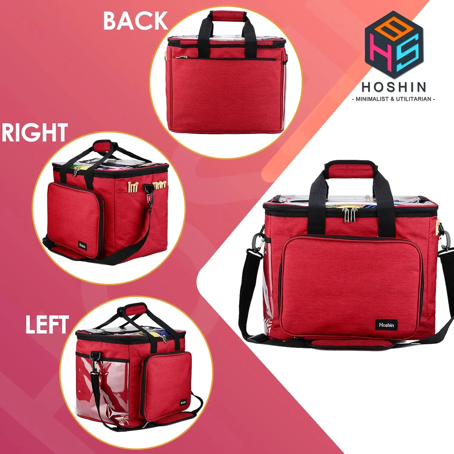 Hoshin Knitting Bag for Yarn Storage, High Capacity Yarn Totes Organizer with Inner Divider Portable for Carrying Project, Knitting Needles(up to 14”), Crochet Hooks, Skeins of Yarn (Red)