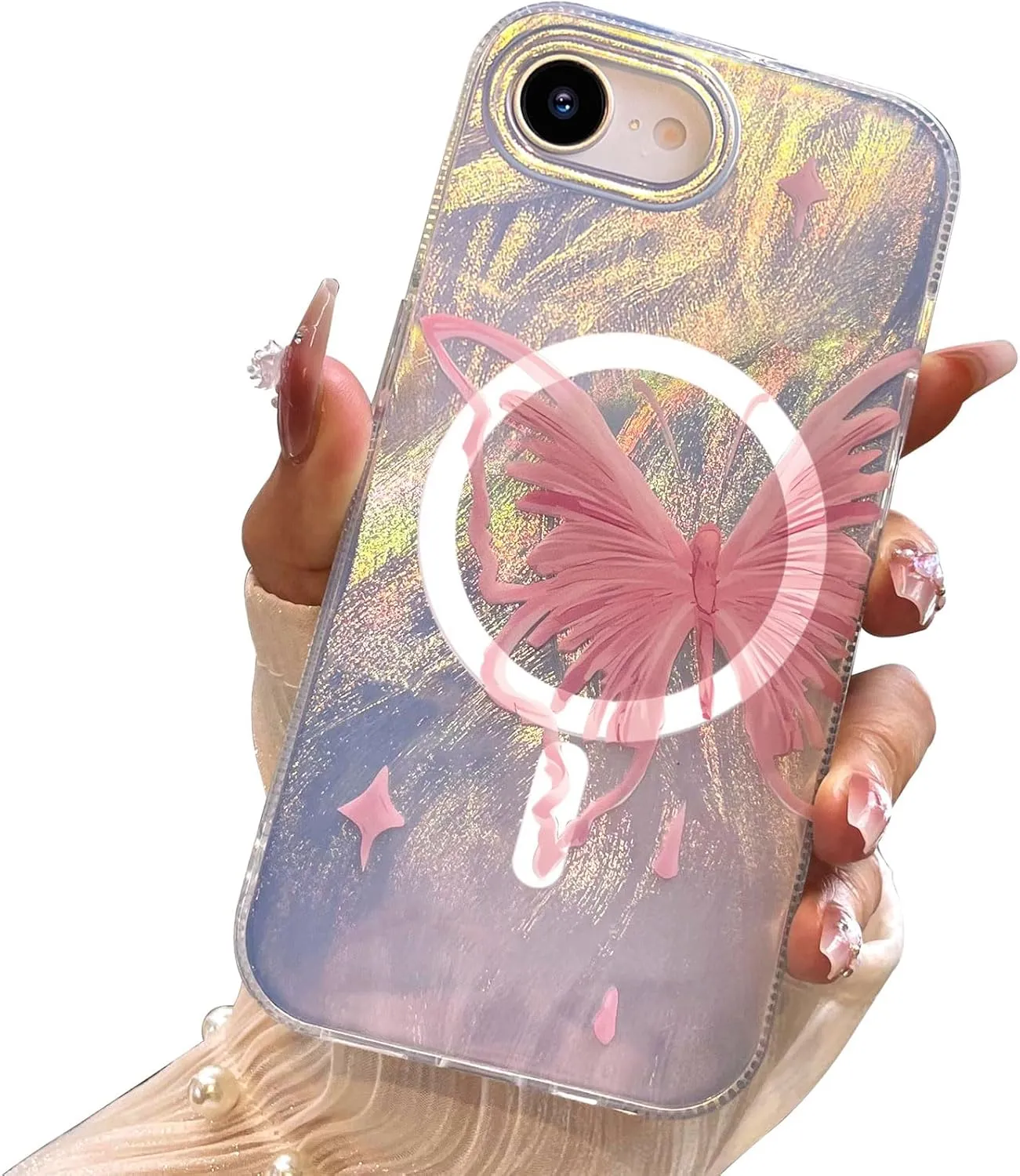 I-MGAE-IN-AR Compact Case for iPhone 13 Pro Max Pale Pink Butterfly Design,[Compatible with MagSafe] Cute Soft Slim TPU Shockproof Protective Phone Cases Cover for Women Aesthetic