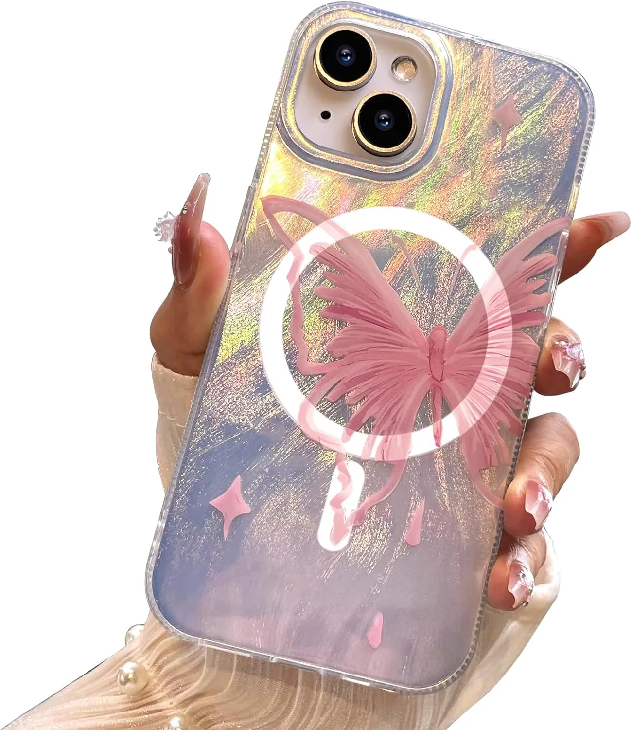 I-MGAE-IN-AR Compact Case for iPhone 15 Pale Pink Butterfly Design,[Compatible with MagSafe] Cute Soft Slim TPU Shockproof Protective Phone Cases Cover for Women Aesthetic