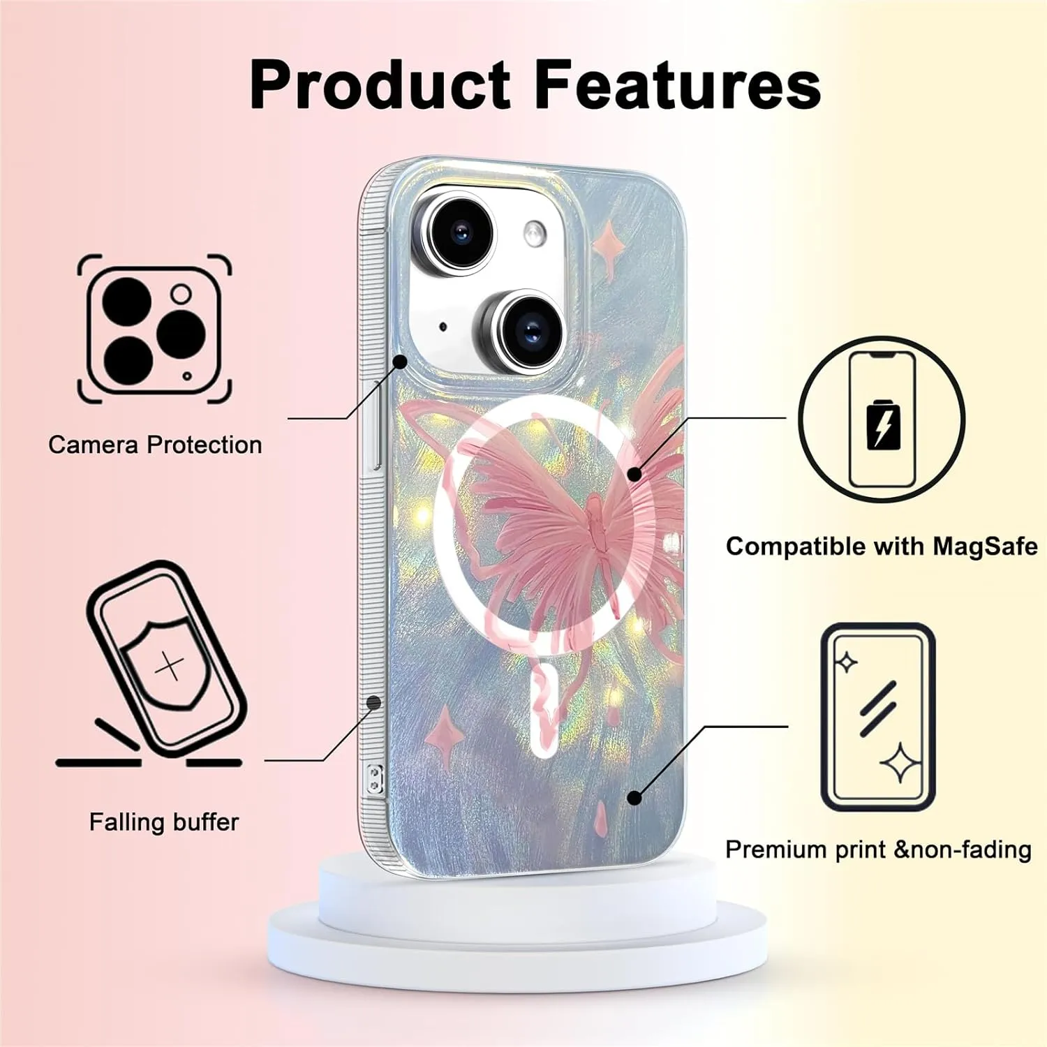 I-MGAE-IN-AR Compact Case for iPhone 15 Pale Pink Butterfly Design,[Compatible with MagSafe] Cute Soft Slim TPU Shockproof Protective Phone Cases Cover for Women Aesthetic