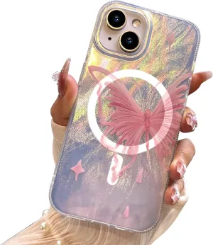 I-MGAE-IN-AR Compact Case for iPhone 15 Pale Pink Butterfly Design,[Compatible with MagSafe] Cute Soft Slim TPU Shockproof Protective Phone Cases Cover for Women Aesthetic