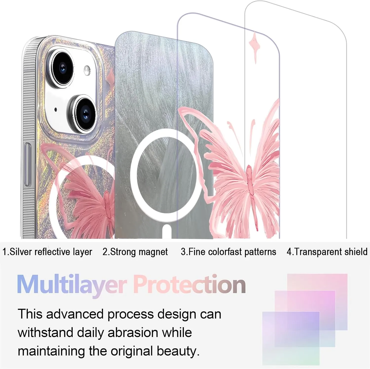 I-MGAE-IN-AR Compact Case for iPhone 15 Pale Pink Butterfly Design,[Compatible with MagSafe] Cute Soft Slim TPU Shockproof Protective Phone Cases Cover for Women Aesthetic