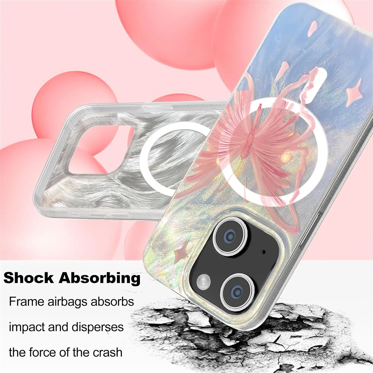 I-MGAE-IN-AR Compact Case for iPhone 15 Pale Pink Butterfly Design,[Compatible with MagSafe] Cute Soft Slim TPU Shockproof Protective Phone Cases Cover for Women Aesthetic