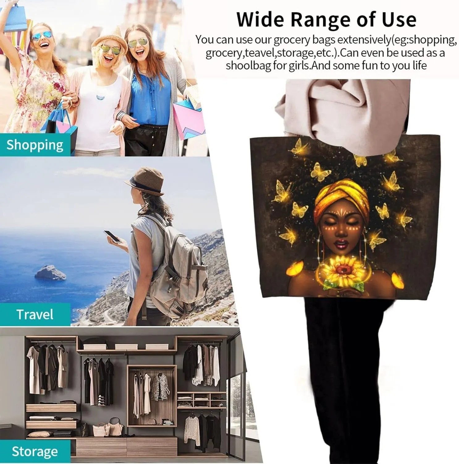 IAGM Black Women's Tote Bags - Waterproof African American Art Shoulder Bags