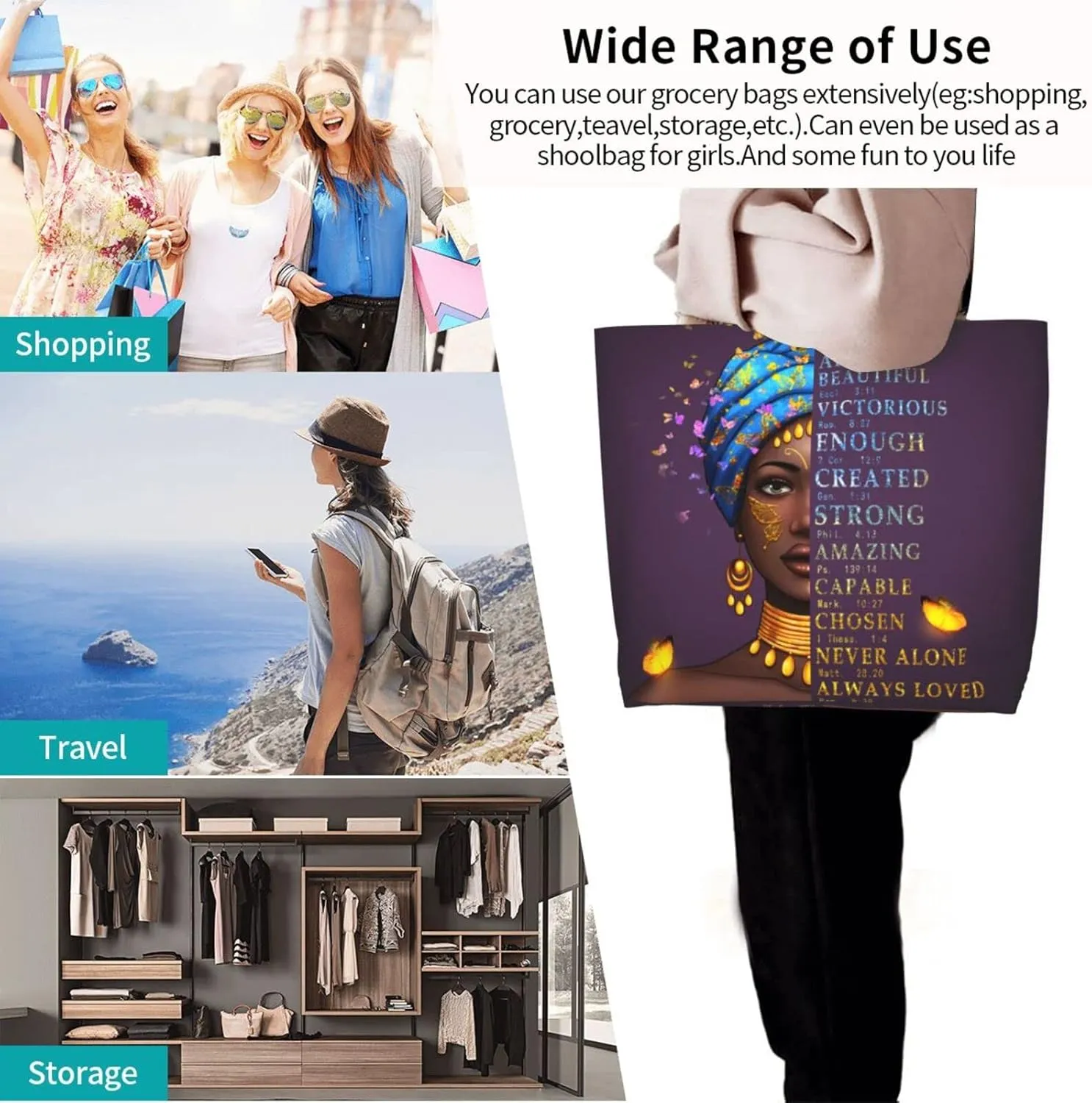 IAGM Black Women's Tote Bags - Waterproof African American Art Shoulder Bags