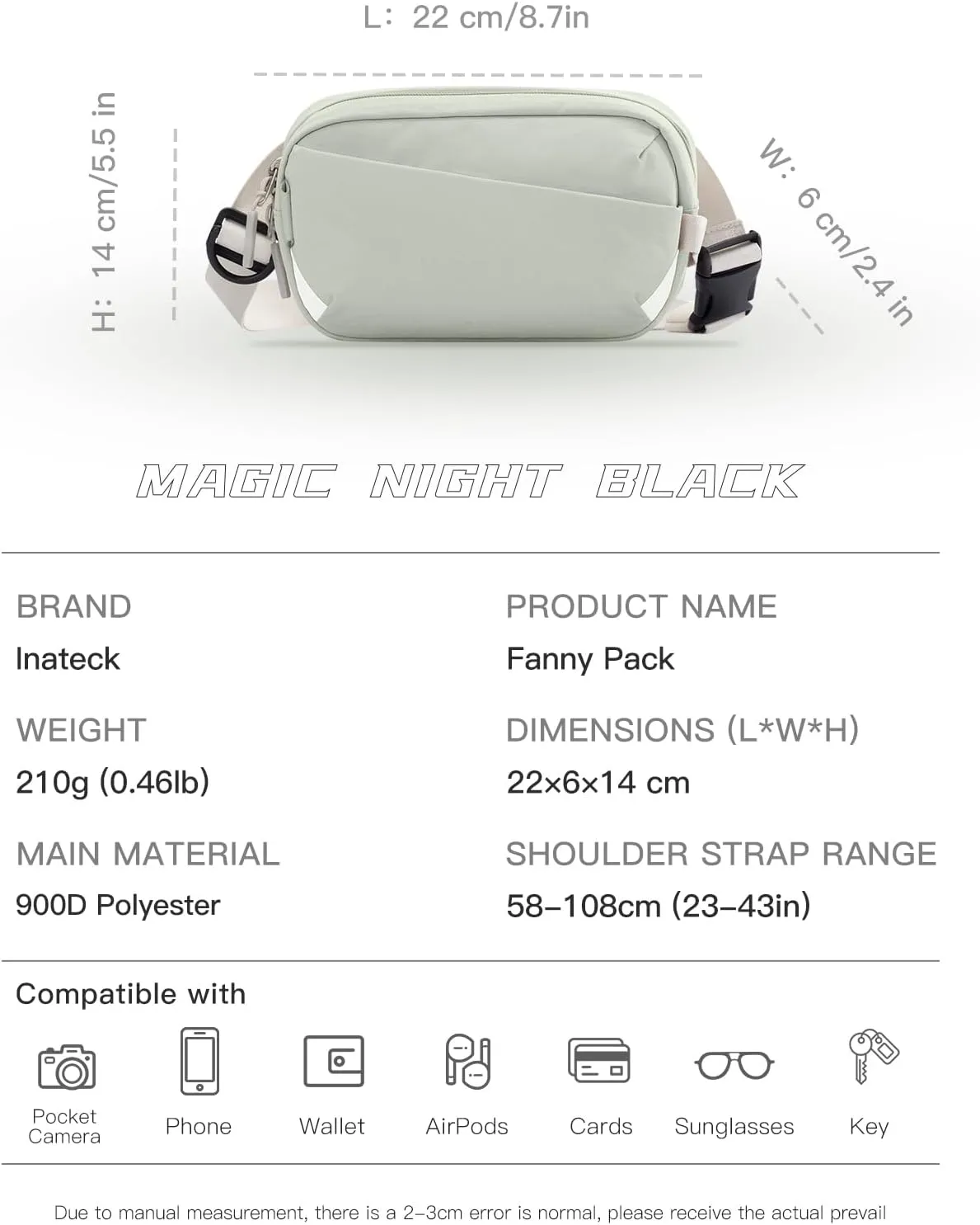 Inateck Sling Bag X-Mini, Durable Fanny Pack with RFID Blocking, Water-resistant Belt Waist Bag with Quick-adjust Strap, Stylish Waist Pack for Men, Women, Travel, Hiking, Cycling, Work, Sports, Green